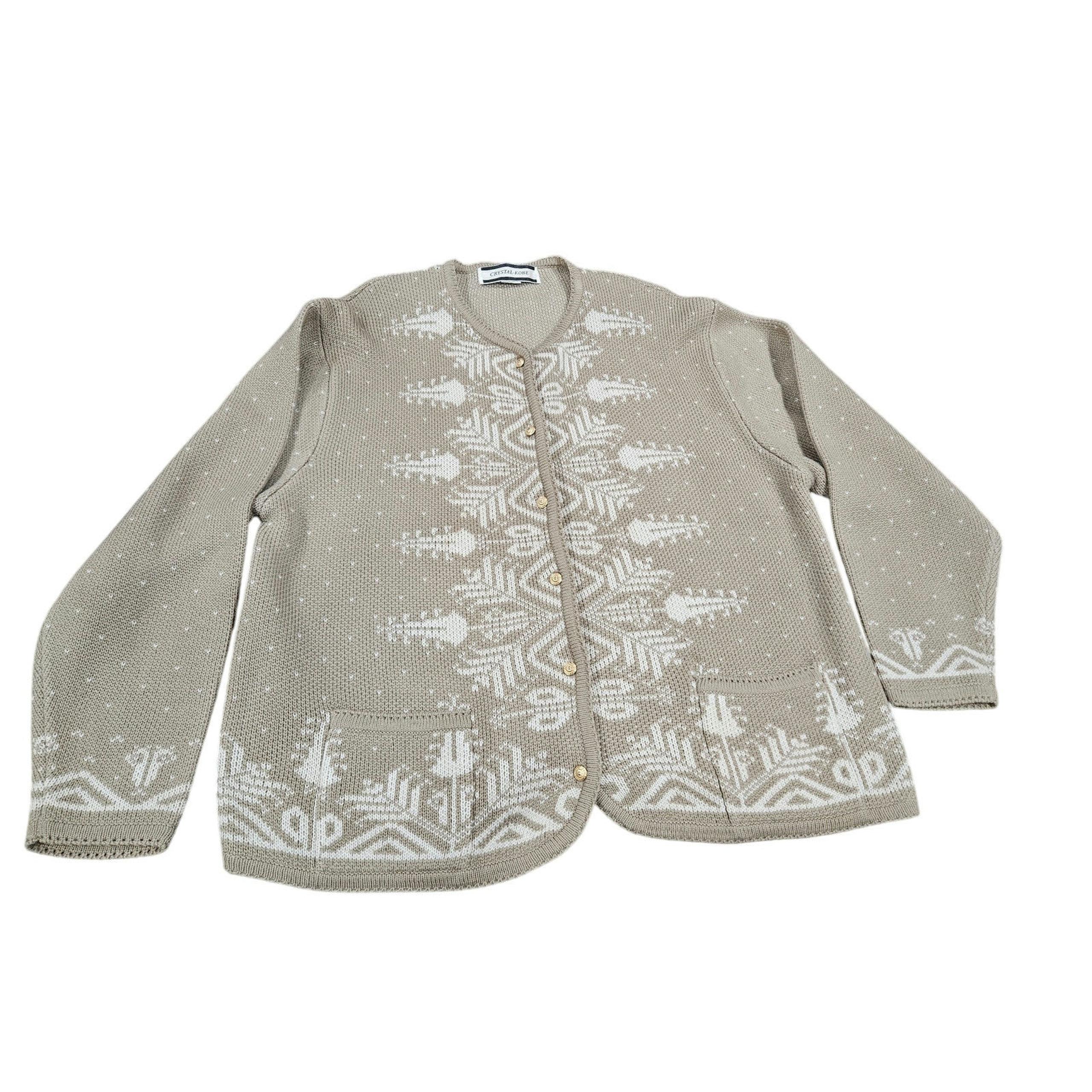 Vintage 90's Crystal Kobe Beige Neutral Sweater Cardigan Gold Button White XL