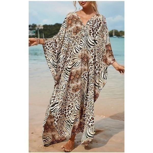 Mixed Print V Neck Boho Kaftan Cover Up