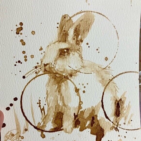 coffee Rabbit painting original Art Whimsical Bunny Decor ooak artwork Artettina