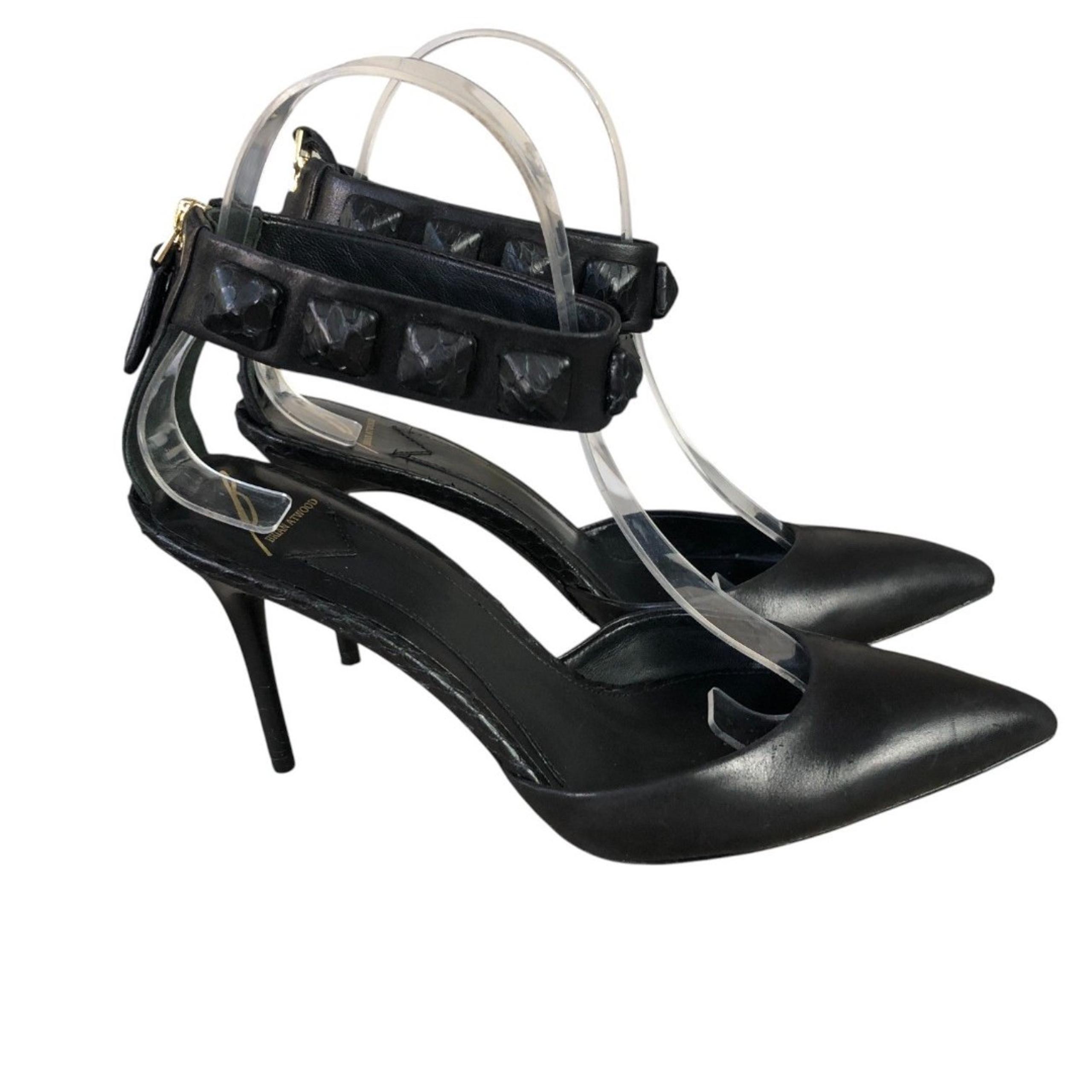 Brian Atwood Black Leather Studded Back Zip D'Orsay Ankle Band Stiletto's Sz 7