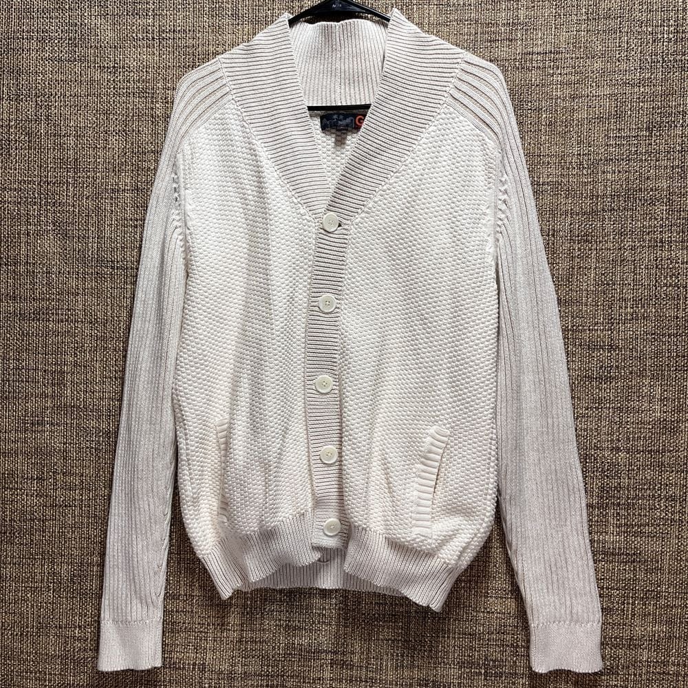 Guess Multi-Knit Cardigan Sweater Men XL Neutral Beige Cream Heavy Cotton Pocket