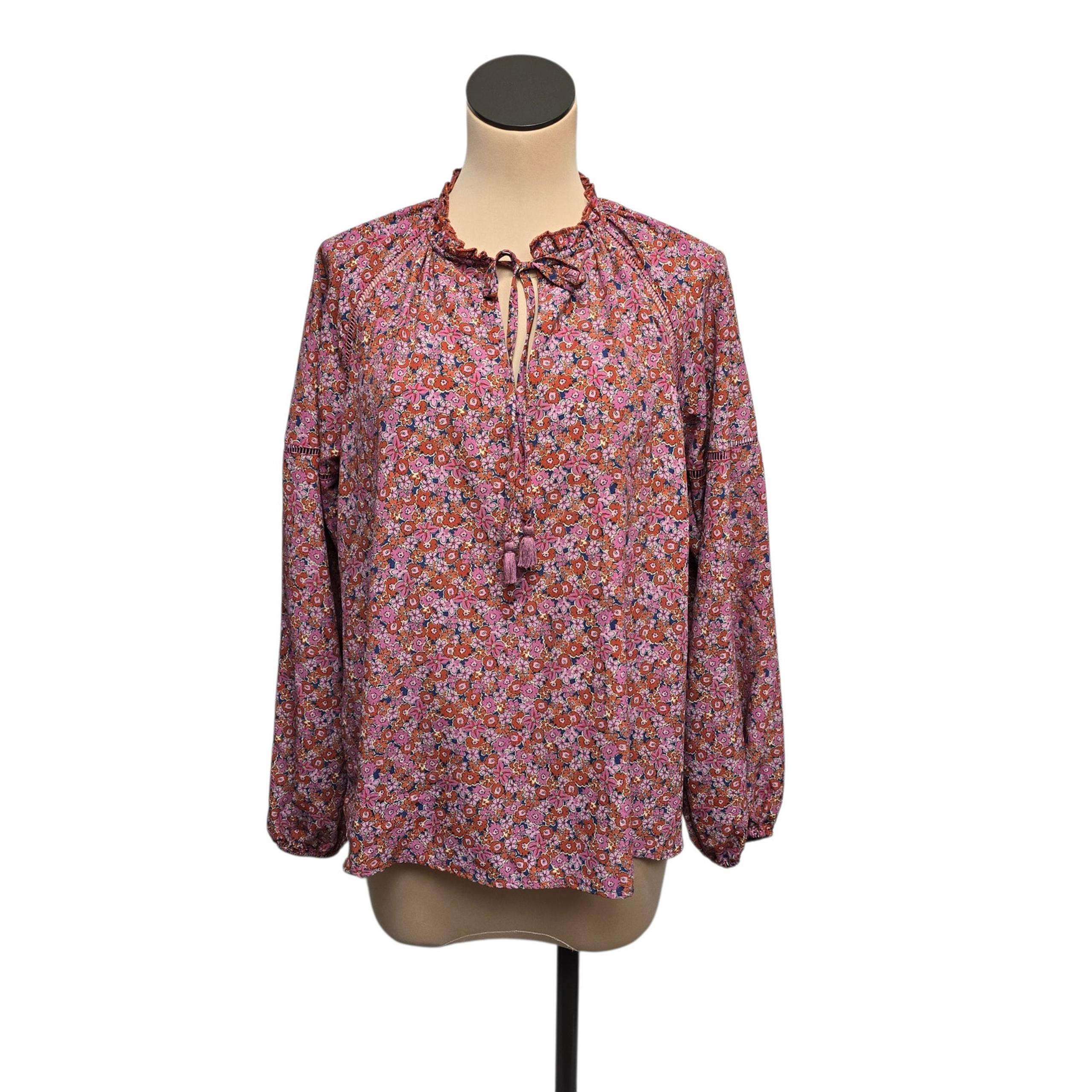 Sanctuary Blouse Womens Medium Pink Orange Floral Boho Peasant Top Tassel Tie