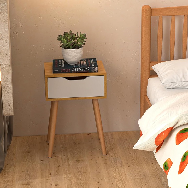 Nightstand with Drawer, Mid Century Modern Bedside Table with Storage