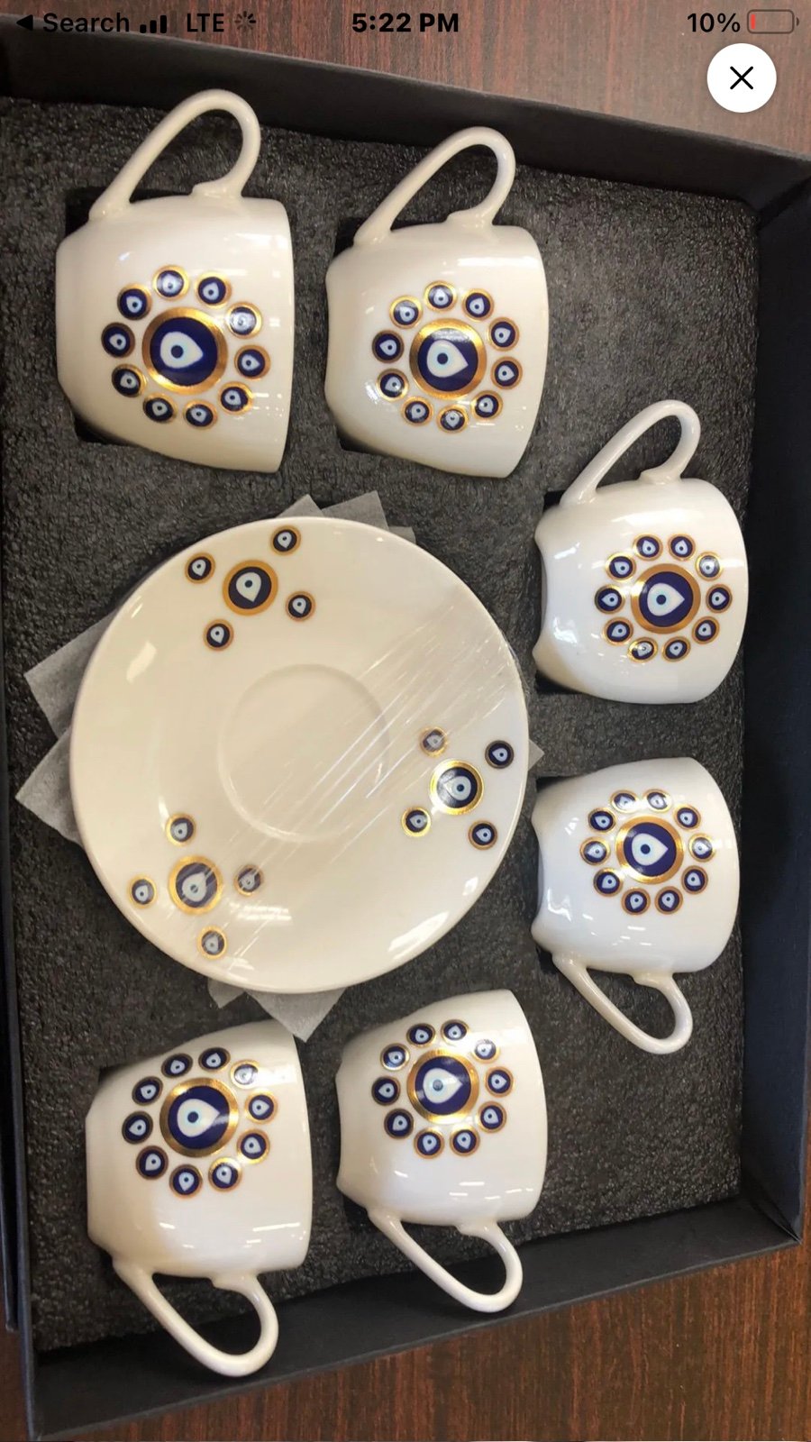 New in the box, porcelain evil eye, cappuccino cups and saucers, Turkish coffee