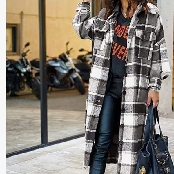 Tartan Plaid Button Down Long Shacket Jacket