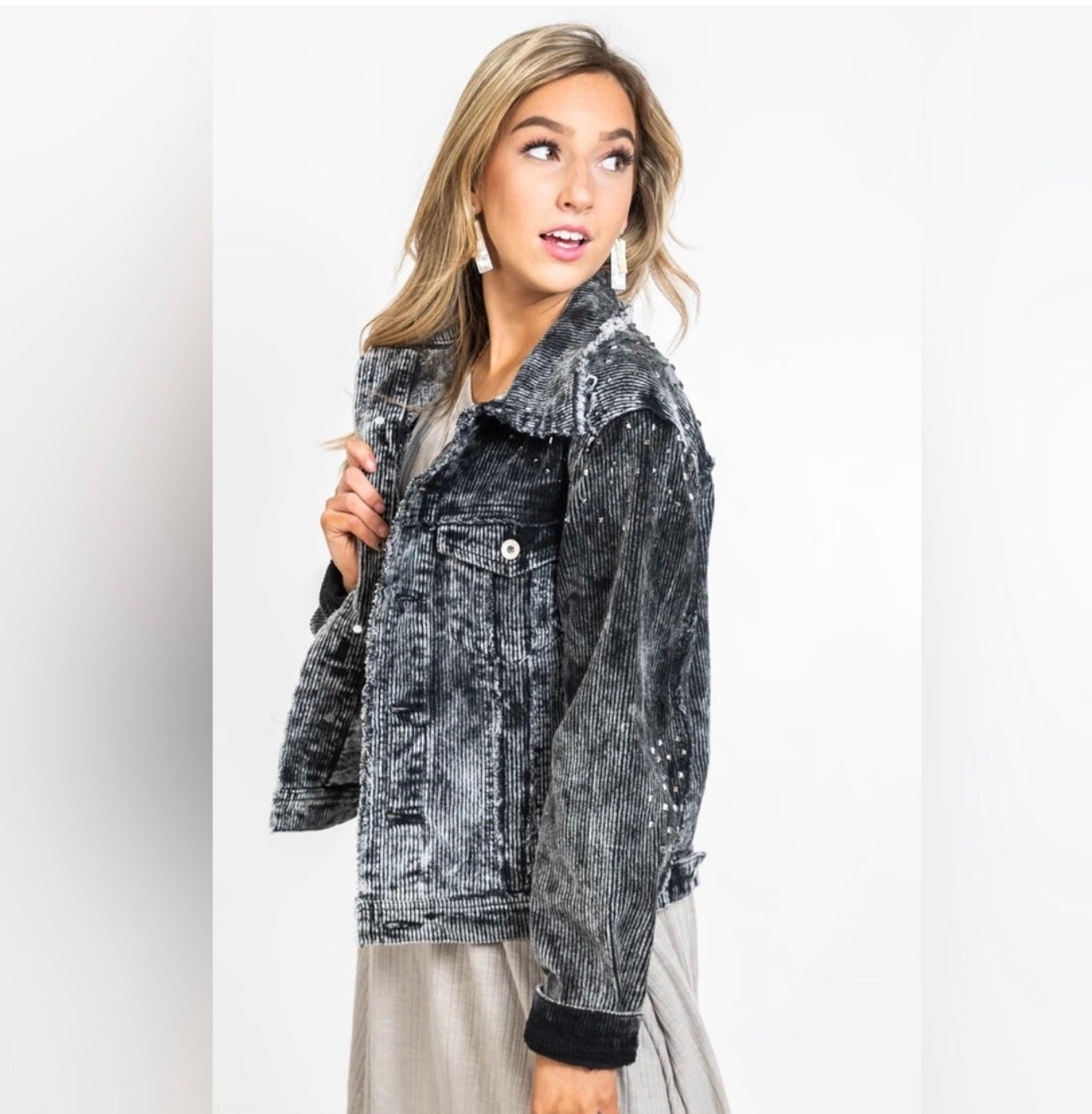 Charcoal Corduory Studded Denim Jacket Size Small