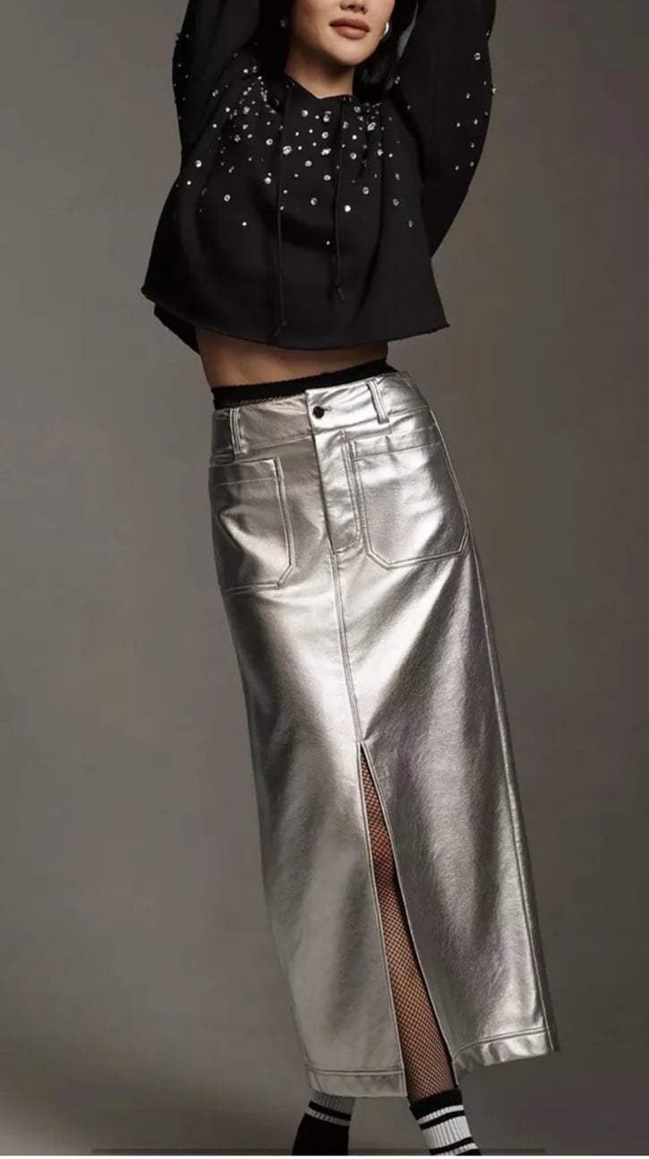 Anthropologie The Colette Metallic Maxi Skirt Front Back Patch Pockets Sil