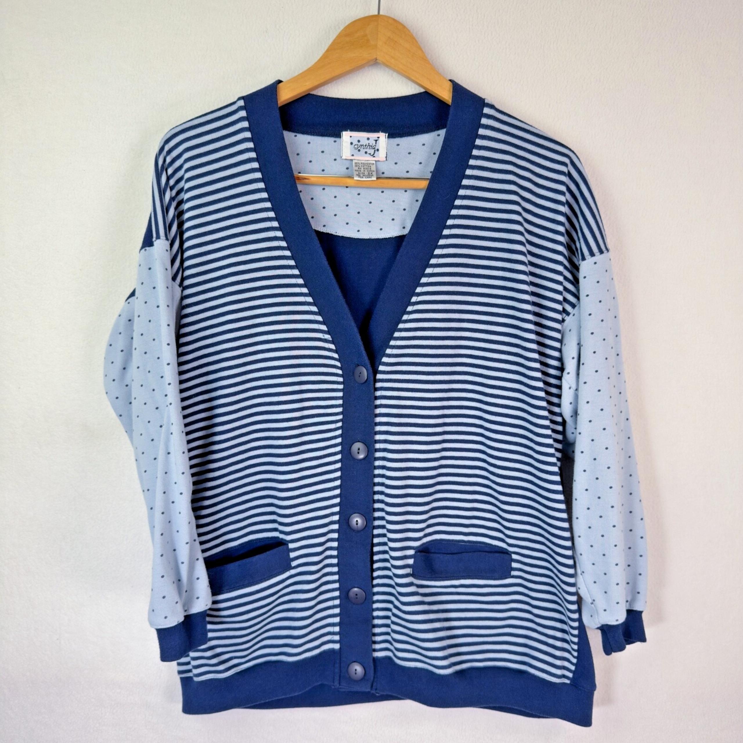 Vintage Cynthia J Sweater SZ XXL 80s 90s Granny Blue Stripe Cardigan CottageCore