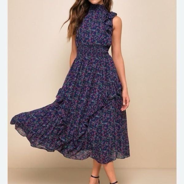 Lulus Evalina Navy Blue Floral Print Mock Neck Midi Dress XS