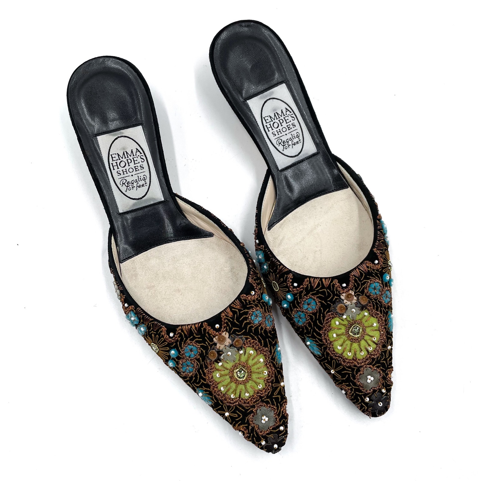 Emma Hope Mules Black Floral Embroidered Beaded Pointed Kitten Sz 37 / 7