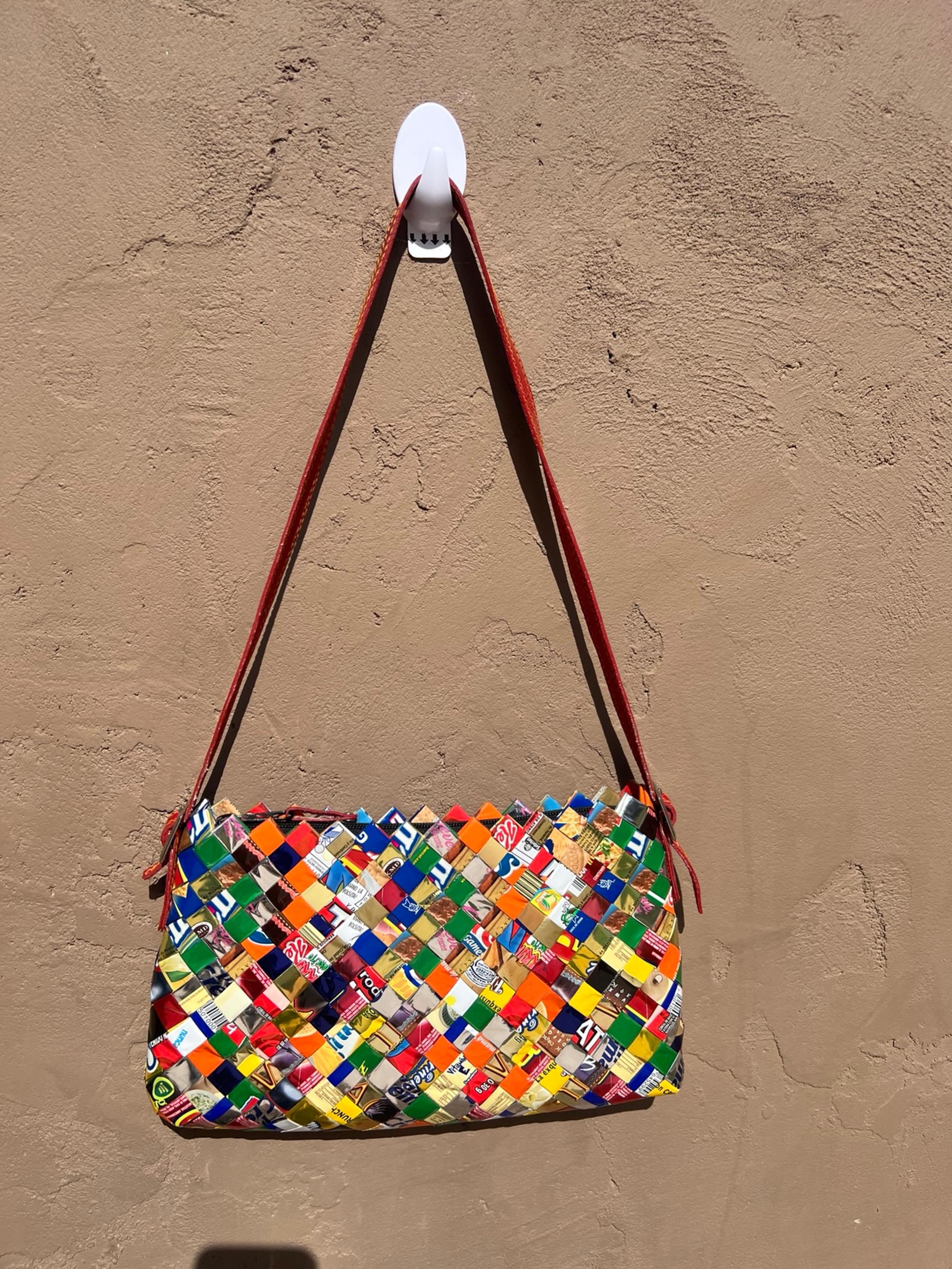 Nahui Ollin Candy Wrapper Purse Shoulder Handbag with Red Patent Leather Strap
