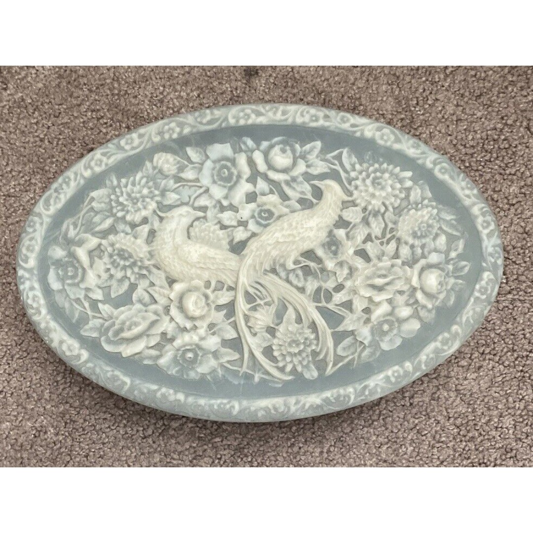 Vintage Incolay Stone Large Blue Oval Jewelry Box Birds of Paradise and Flowers