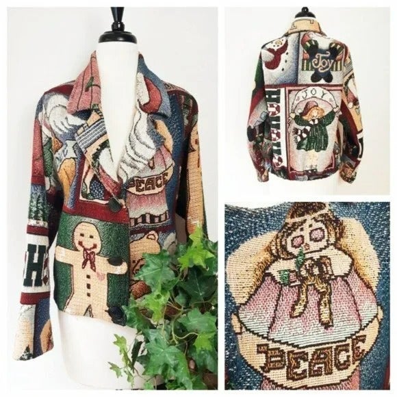 Vintage Christmas Jacket Unge-Potch-Ket Gingerbread Man Angels Candy Canes Coat