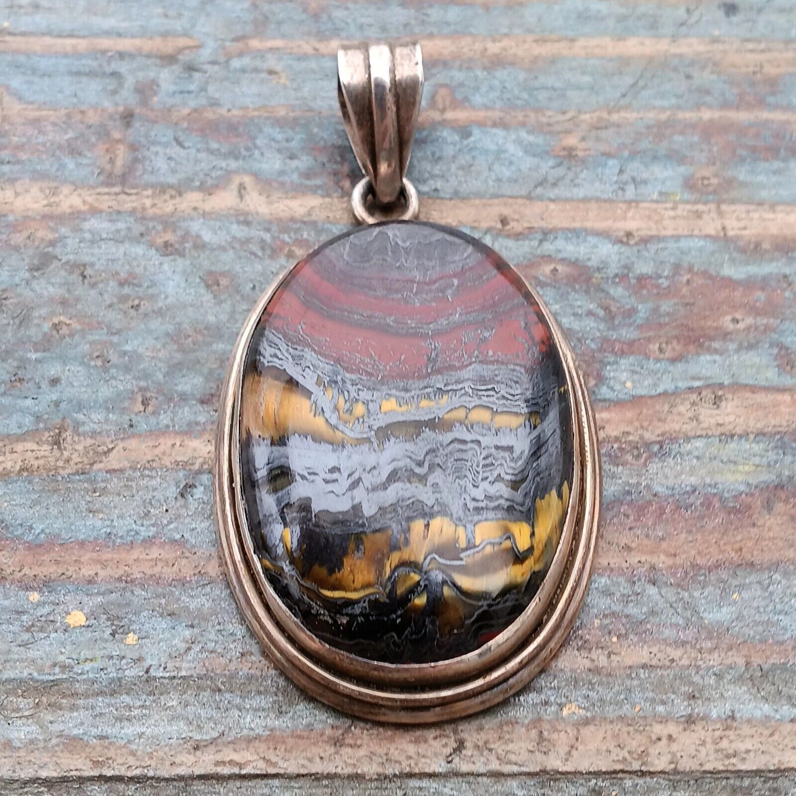 Vtg Old Genuine Iron Tigers Eye 925 Sterling Silver Pendant Estate Cab.