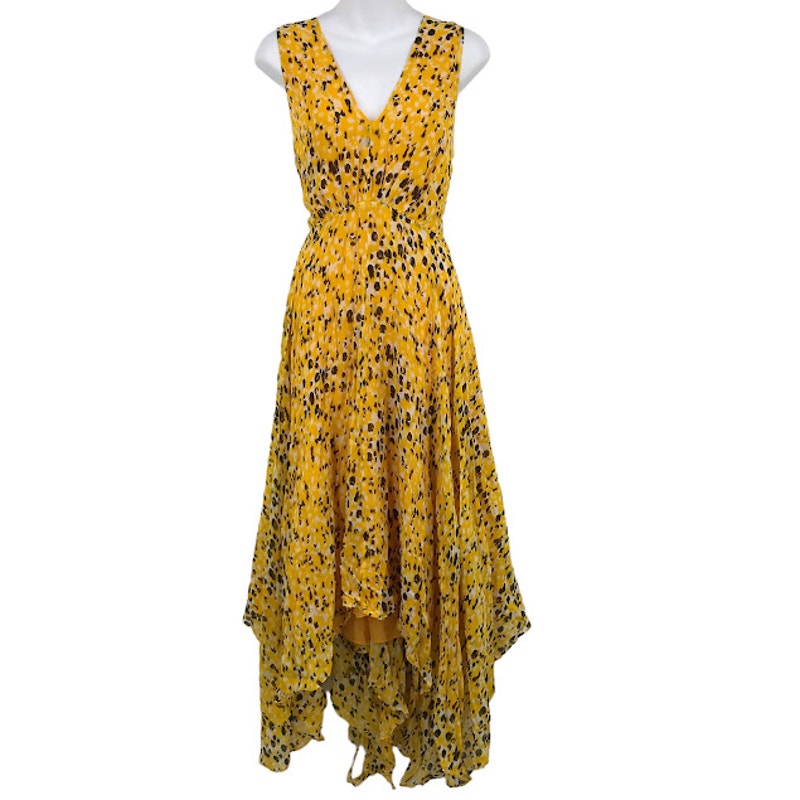 Derek Lam 10 Crosby Pleated Animal Print Maxi 18 Georgette Hi-Low Keyhole V-Neck