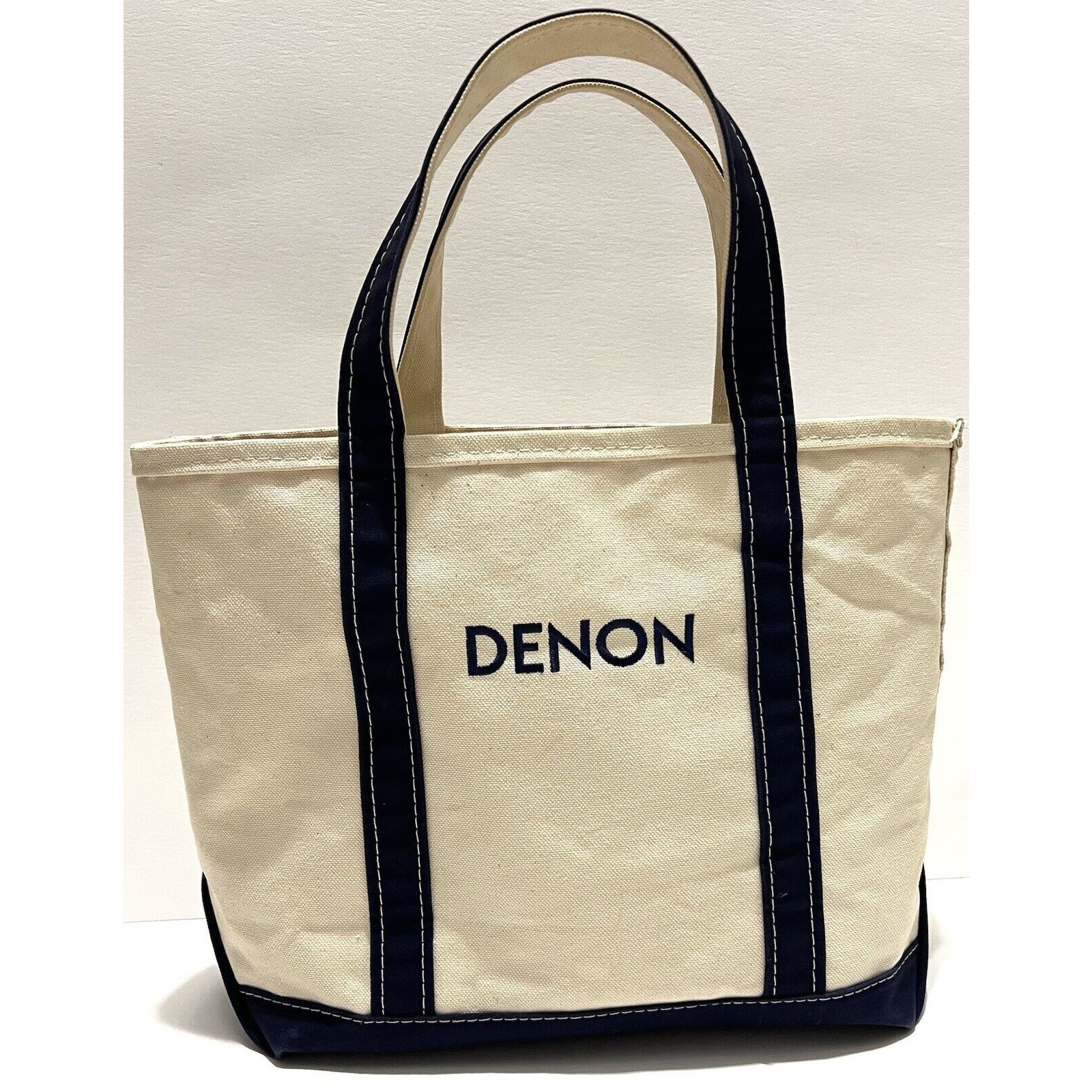 Vintage LL Bean Boat & Tote Canvas Bag Navy Blue Natural USA 14X11” *NAME DENON