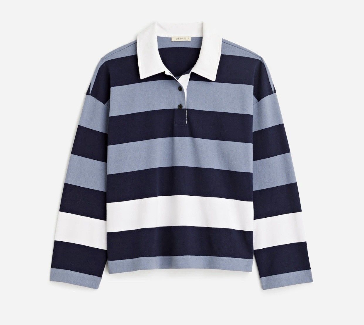 Madewell Rugby Polo Shirt Women XS Blue White Striped Long Sleeve Oversized