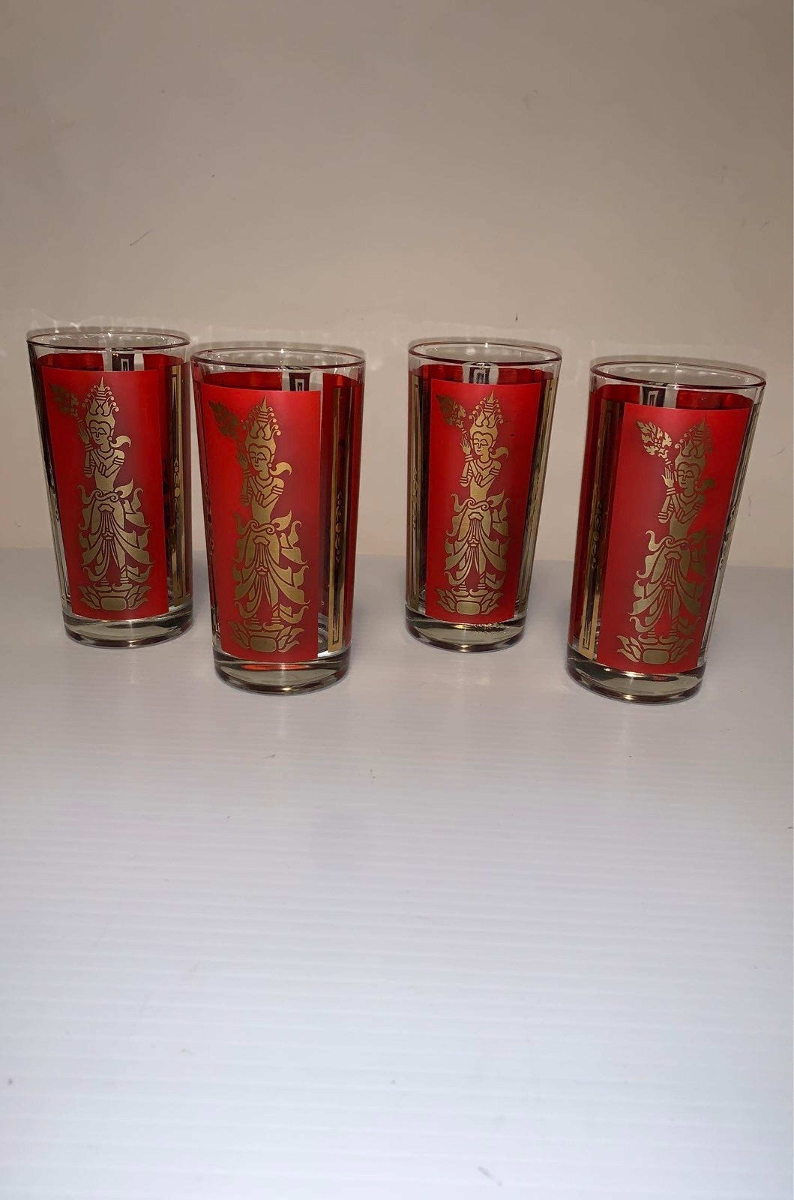 Set of Four Mid-Century Libby Red/Gold Glassware