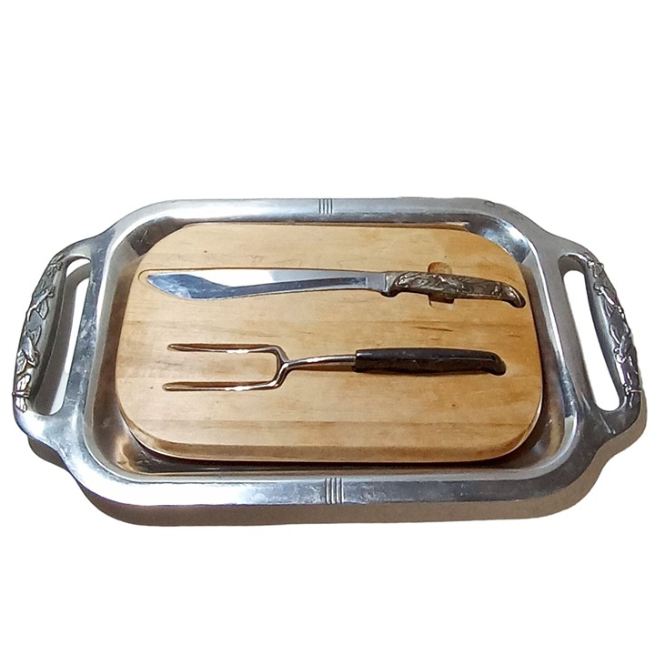 Vintage B and B Carving Set Mallard Duck Cutting Board Serving Tray Fork Knife