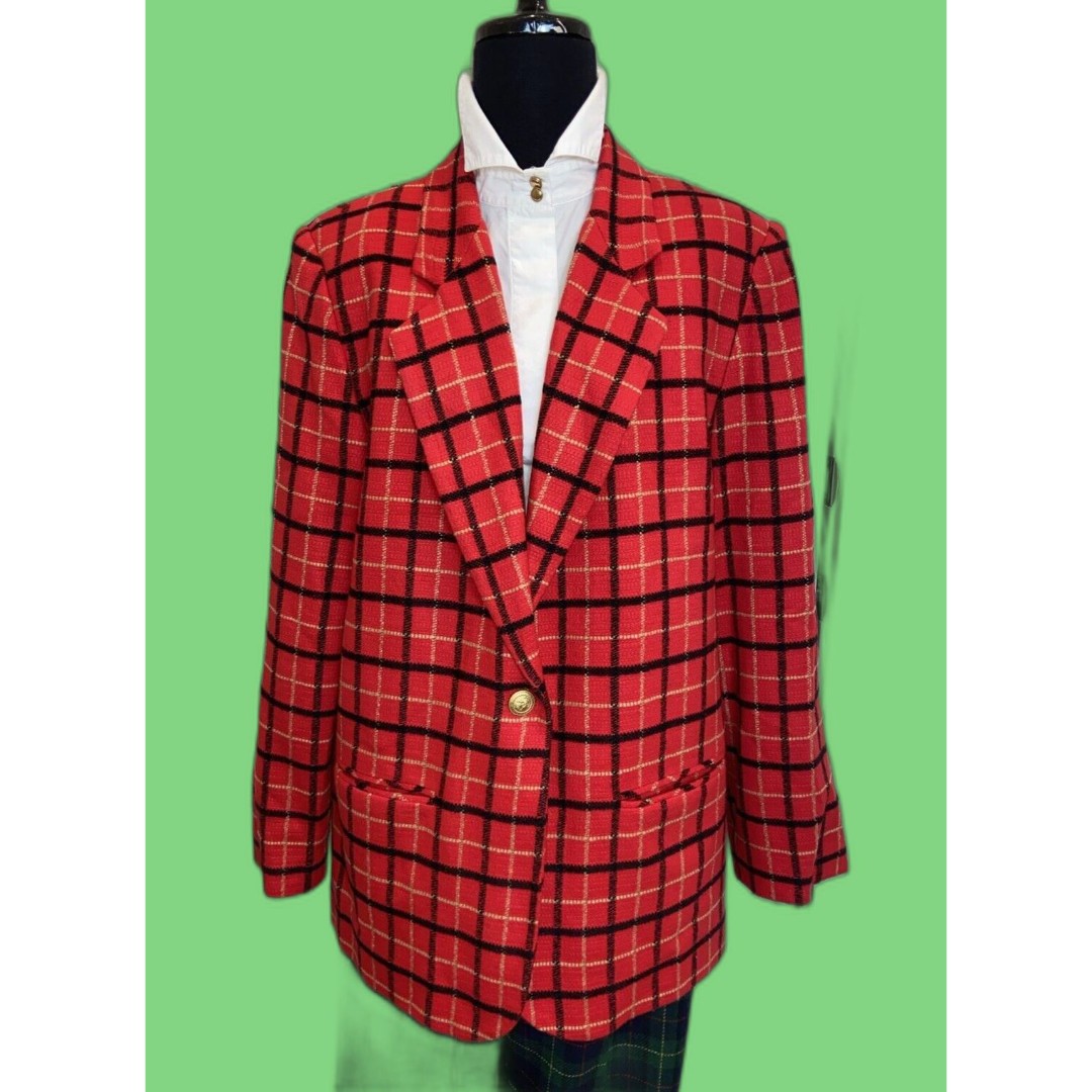 Courtenay Vintage Plaid Red Black Single-Button Blazer w/Shoulder Pads Size 14