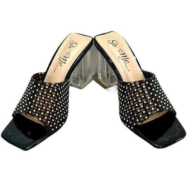 So me rhinestone black netted mule heels with clear chunky block heel sz 7 NWT