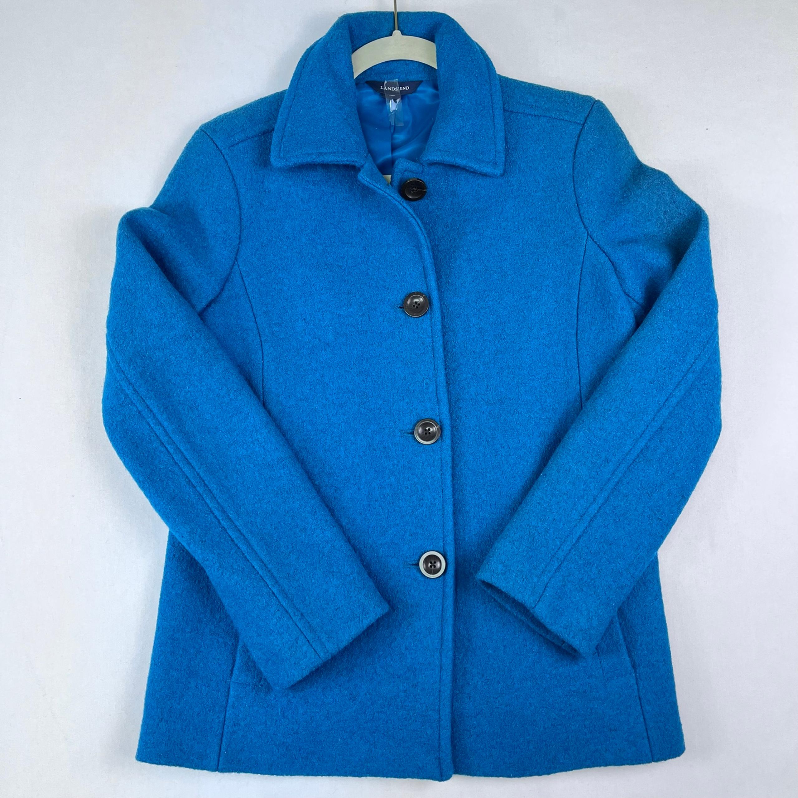Lands' End Wool Coat Women’s Size 6 Blue 4 Button Front Jacket Long Sleeve Top