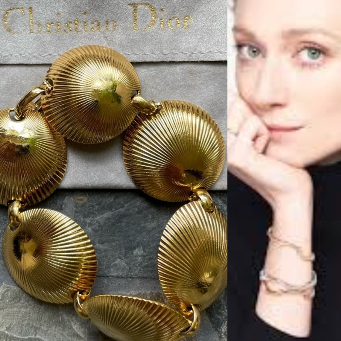 Vintage Christian Dior gold tone fluted clam shell bracelet