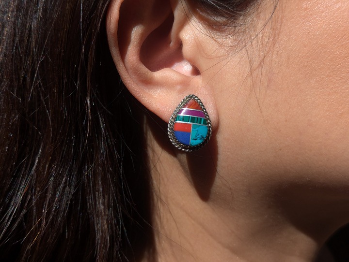 Navajo Multi Stone Teardrop Inlay Stud Earrings Sterling Silver Jewelry **
