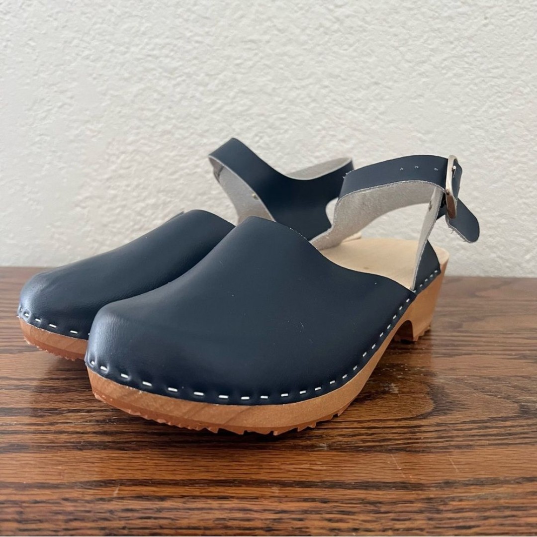 Navy Blue Wood Sole Mary Jane Clogs Size 38