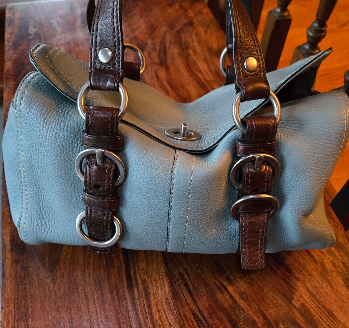 Coach Satchel Leather Authentic Genuine Turquoise with Brown