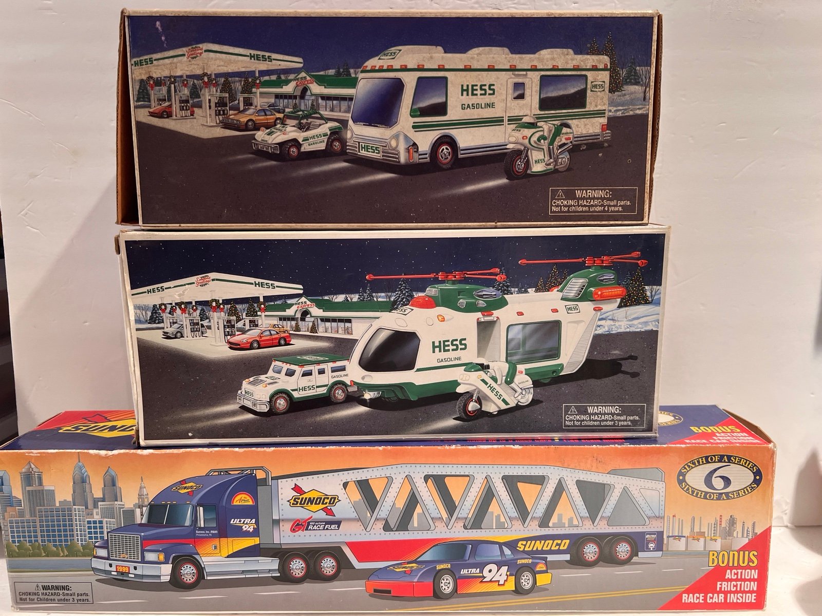 Hess Lot Of 3 Cars Helicopter, Truck And Gasoline Van.