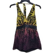 Express Women's Y2K Lime Purple Ombre Tropical Leaf Print Silk Halter Neck Top 6