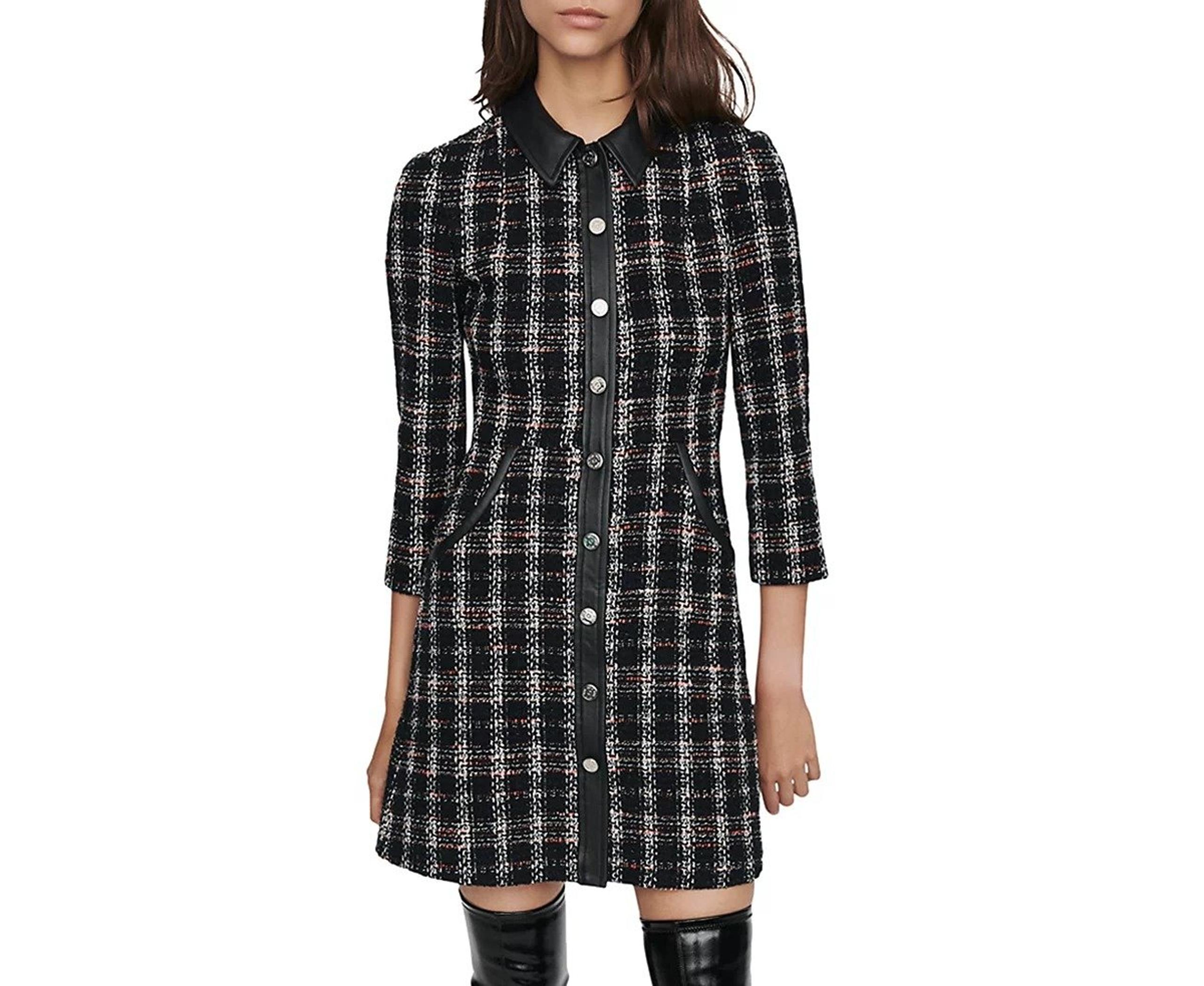 Maje Women's Size 2 Black Renaty Slim Fit Tweed Button Mini Coat Dress Pre-owned