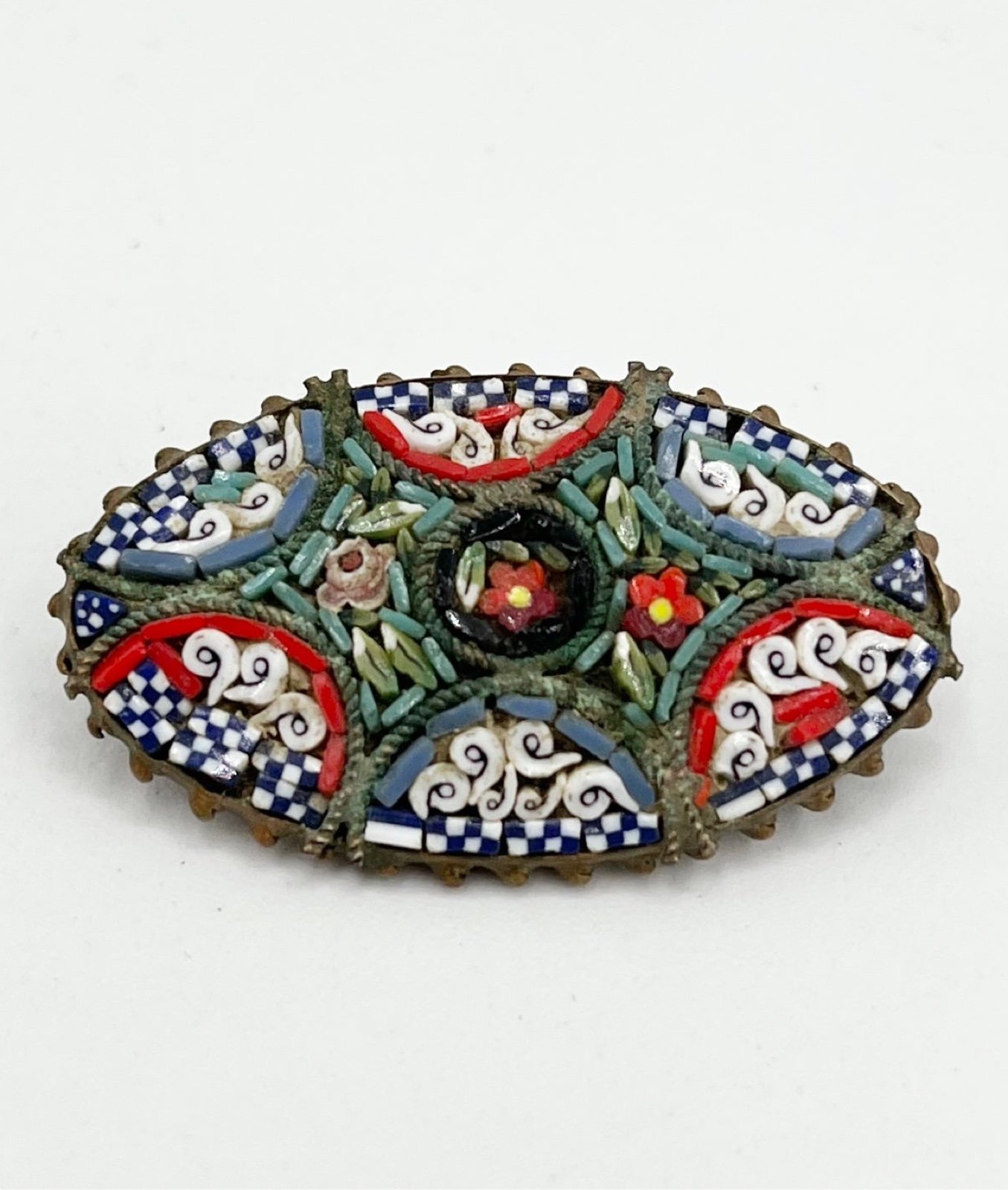 Antique Italy Micro Mosaic Glass Floral Flower Brooch Pin