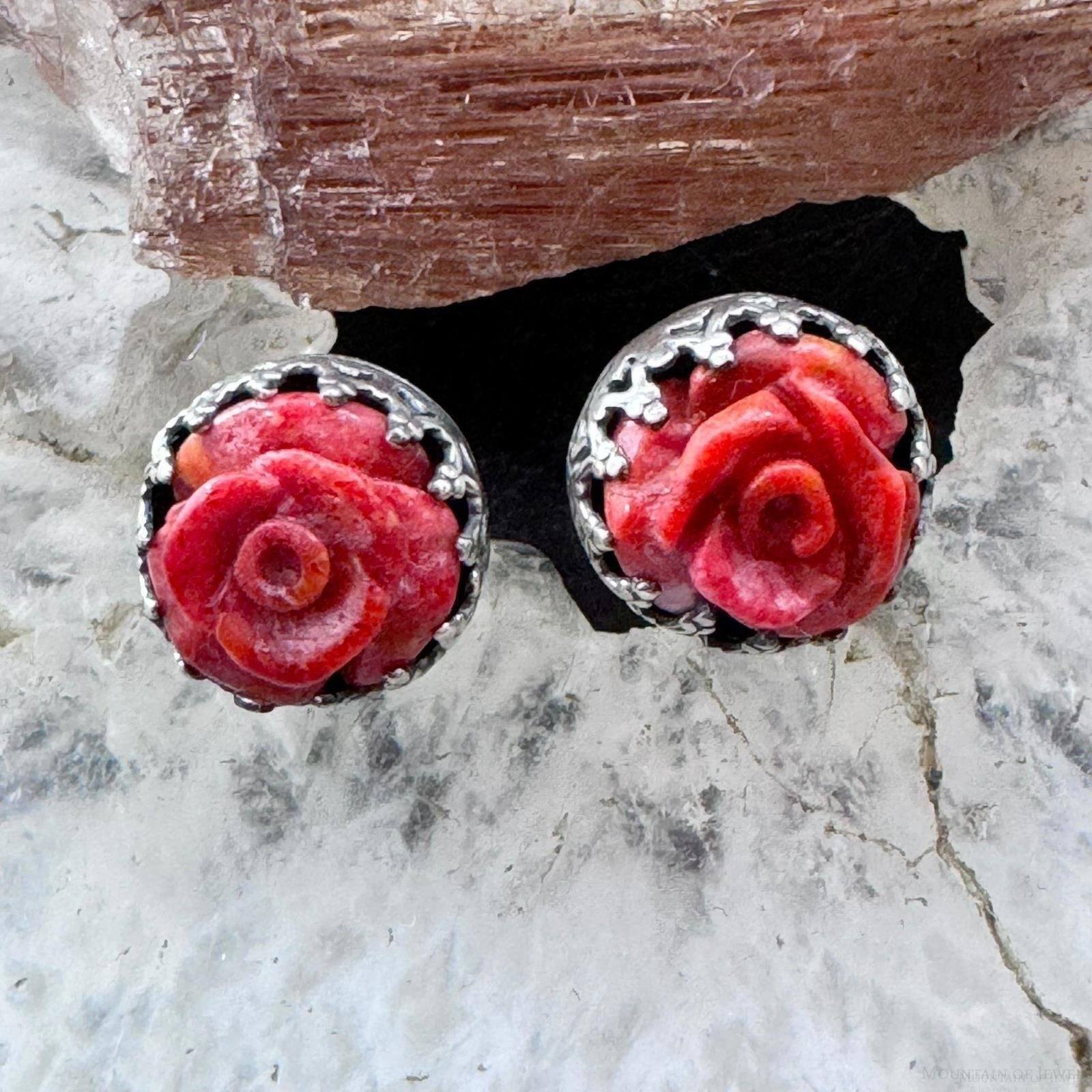 Carolyn Pollack Sterling Silver Carved Red Jasper Rose Stud Earrings For Women