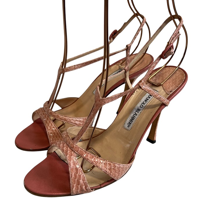Manolo Blahnik snakeskin slingback sandals pink leather stiletto 38.5 8.5 womens