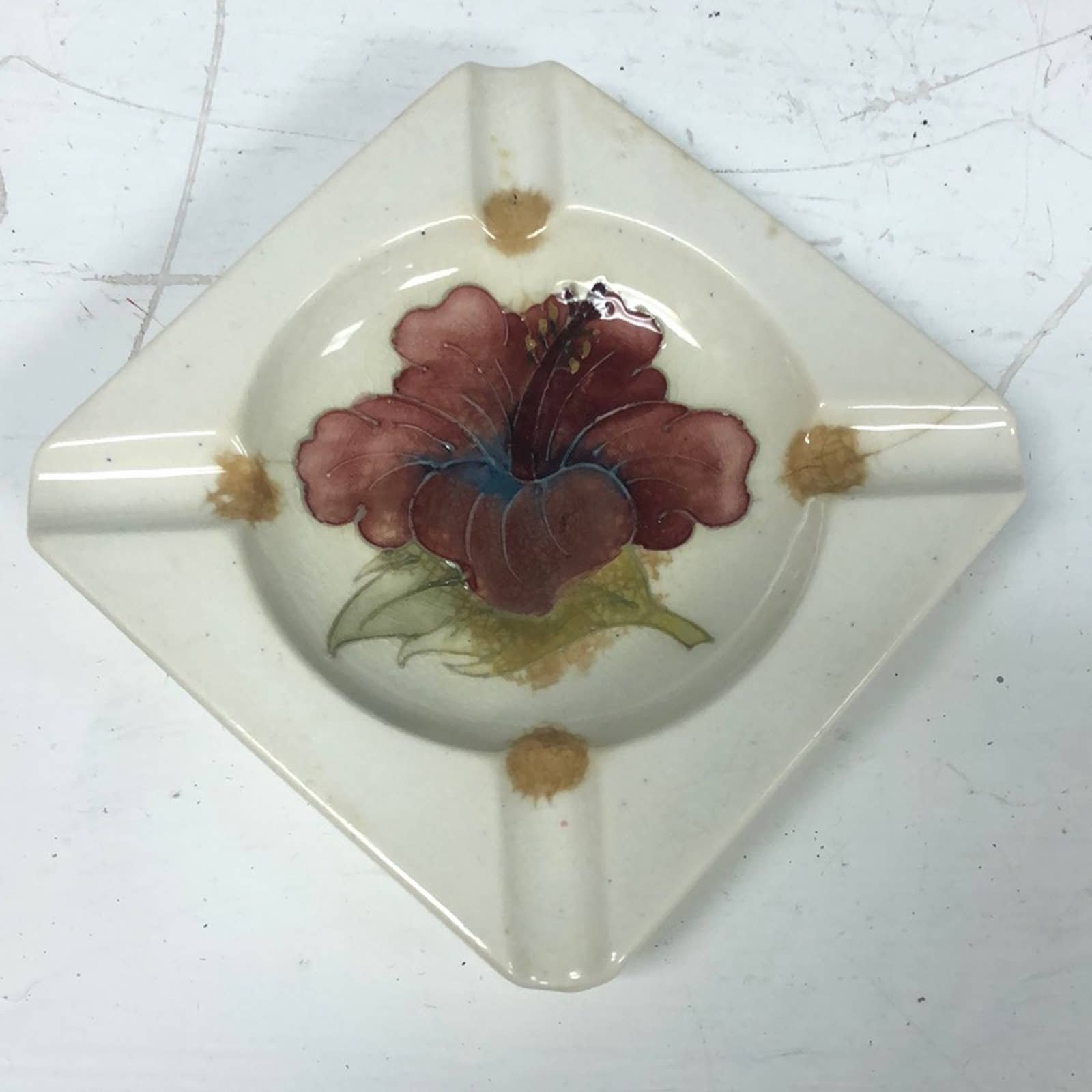 Vtg 60’s Moorcroft Pottery England Coral Hibiscus Flower Cream Square Ashtray