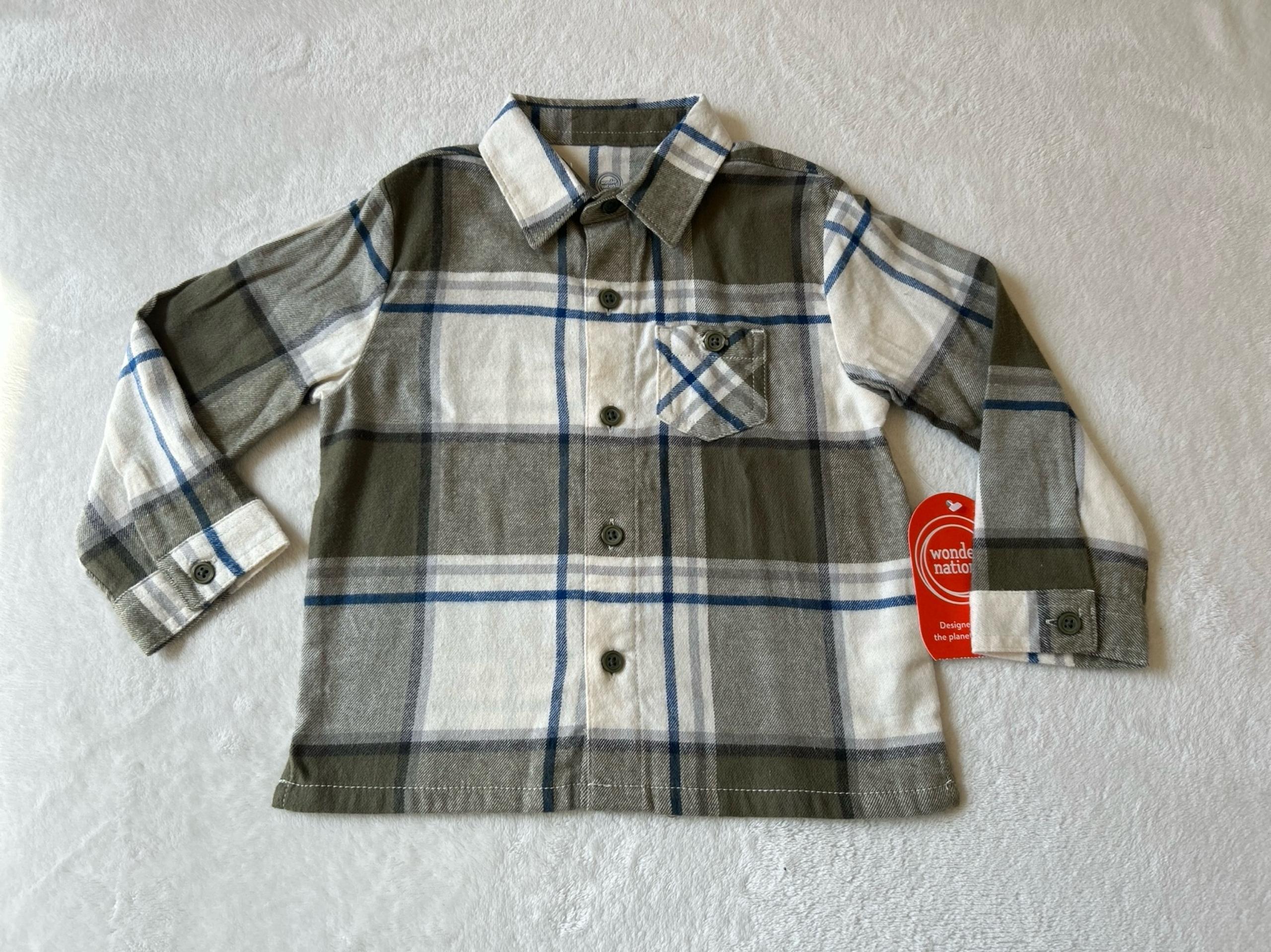 Wonder Nation Toddler Boys Green Plaid Pocket Flannel Long Sleeve Shirt Size 3T