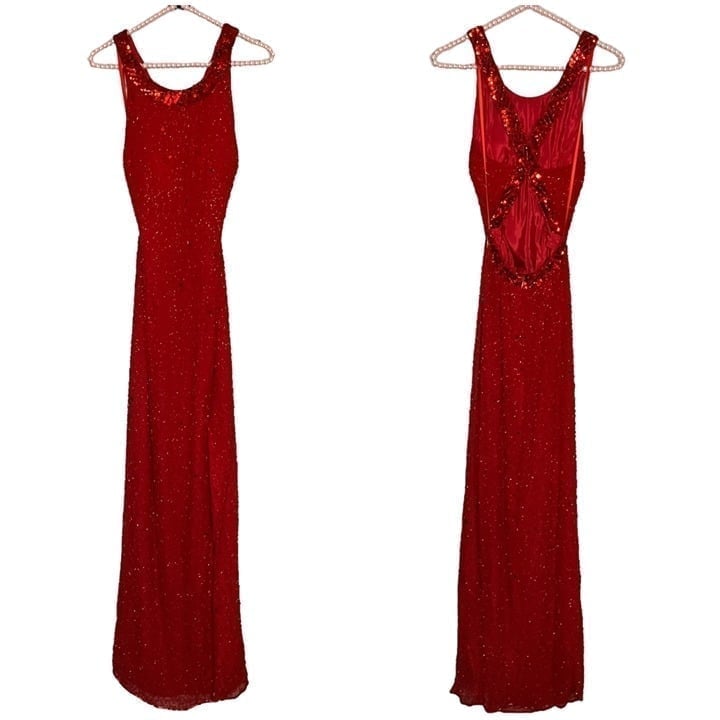 Vintage Cache Small S 100% Silk Red Embellished Prom Dress Maxi Evening Gown