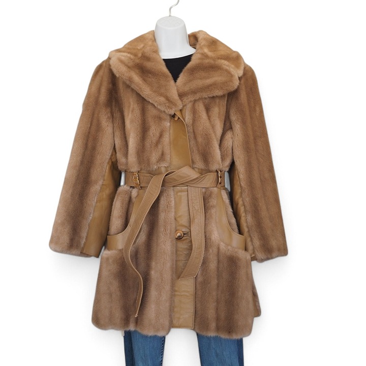 Tissavel France Vintage 70s 80s Simulated Mink Fur / Leather Coat Women's S/M