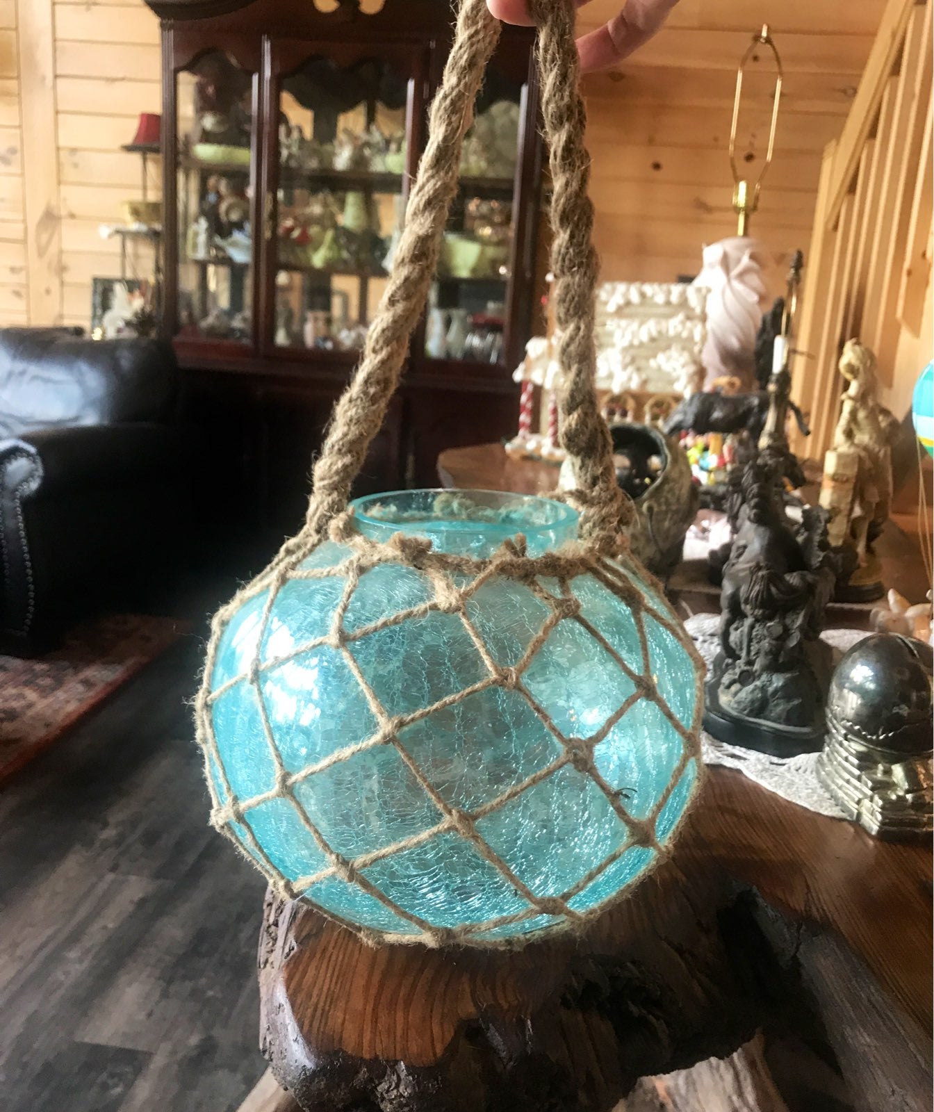 Vintage large nautical crackle glass hanging candle holder