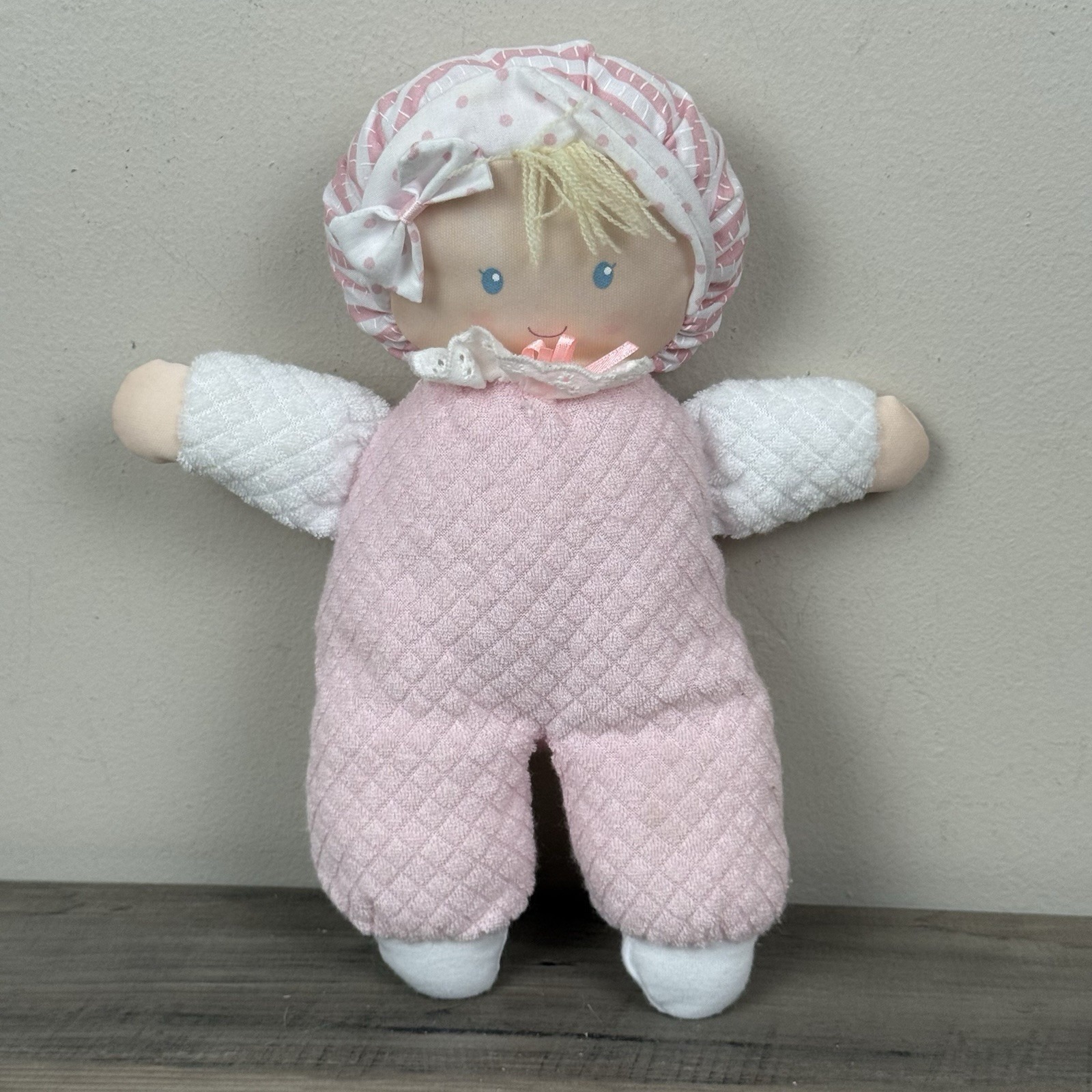 Eden Baby Doll Pink Terry Cloth Blonde Yarn Hair Bonnet Bow Plush Girl Lovey 10