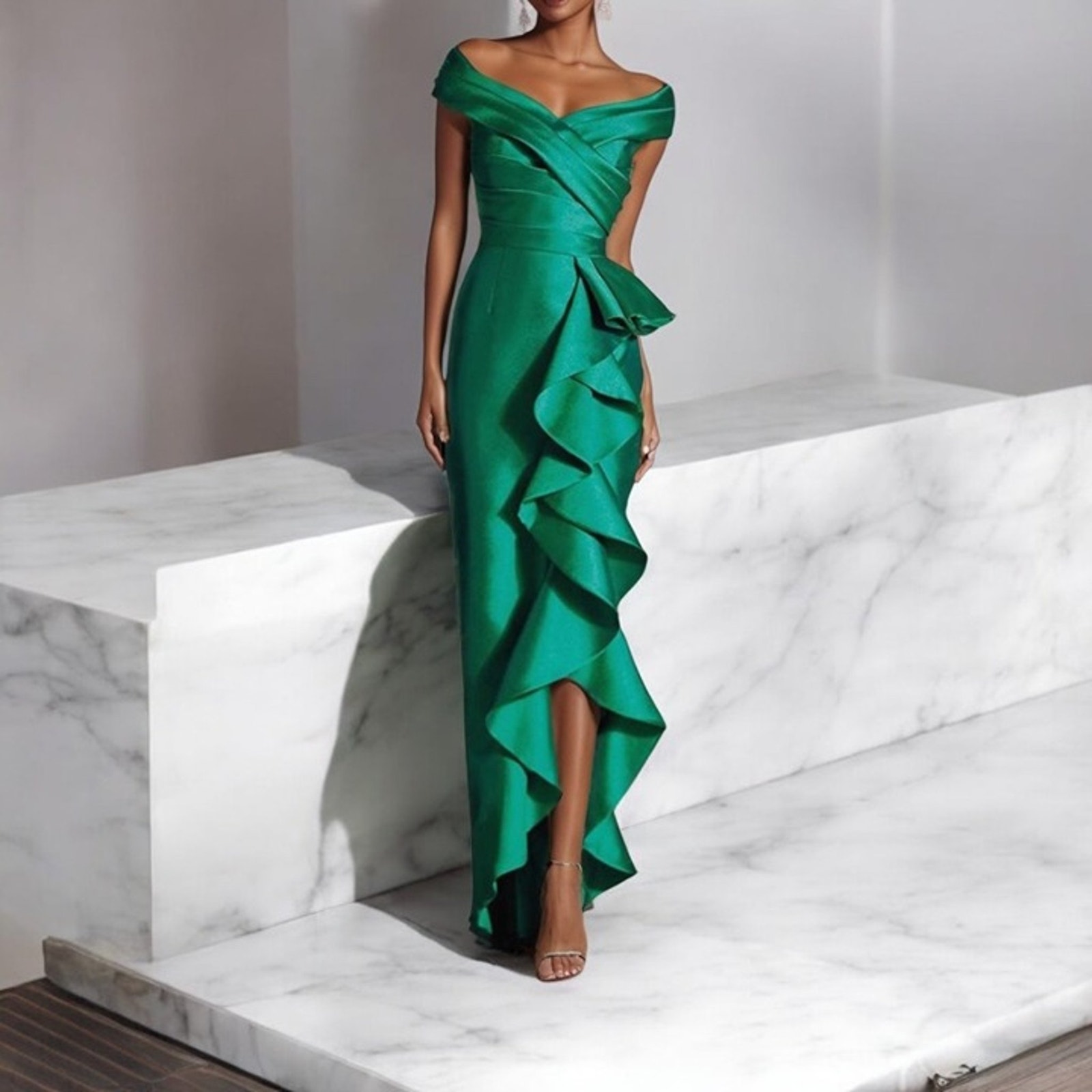 Fehaute-Green Ruffled Off The Shoulder Sheath Maxi Dress