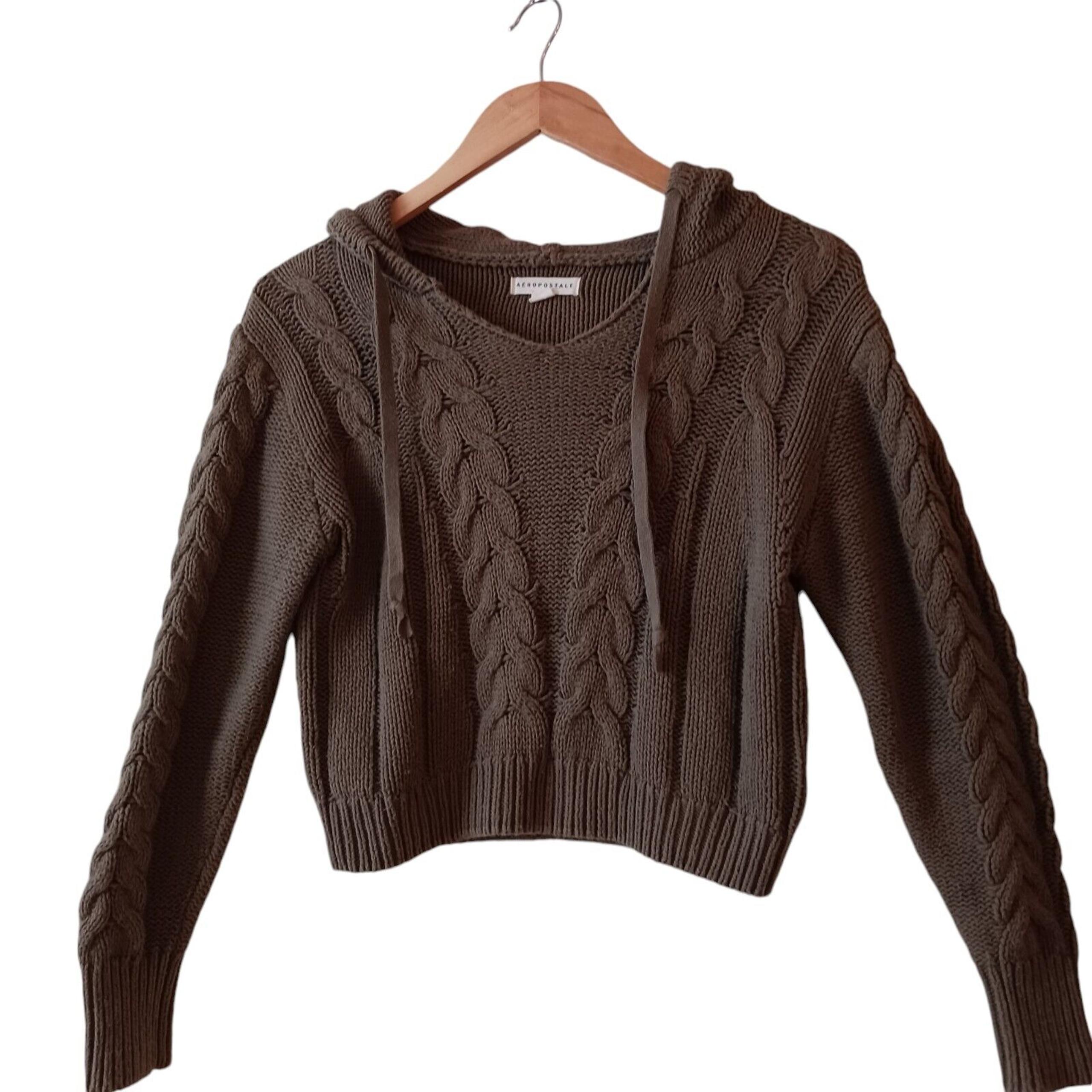 AEROPOSTALE Cropped Olive Green Cable-Knit Pull over Hooded Sweater Womens Small