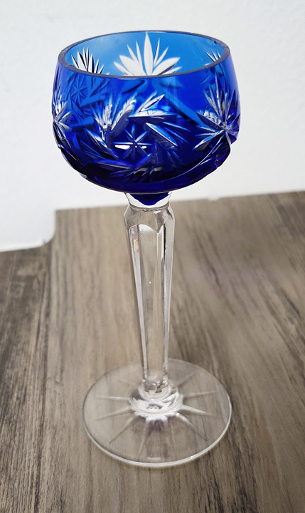 Vtg Bohemian Cobalt Blue Cut to Clear Crystal Pinwheels, Stars Wine Glass -Ex