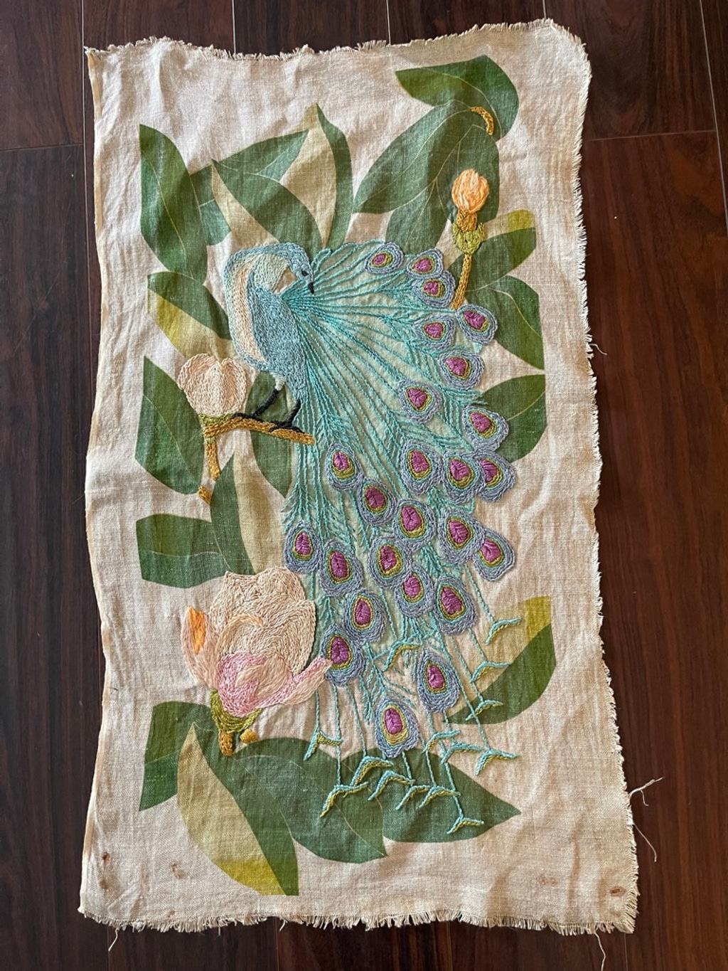 60s Embroidered Peacock Textile Art 31” x 18” Linen – Framed Textile Remnant