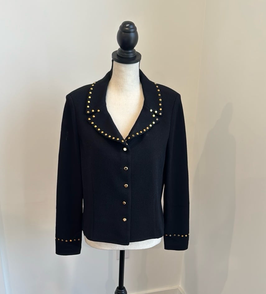 St. John evening by Marie grey knit jacket with gold buttons rivets