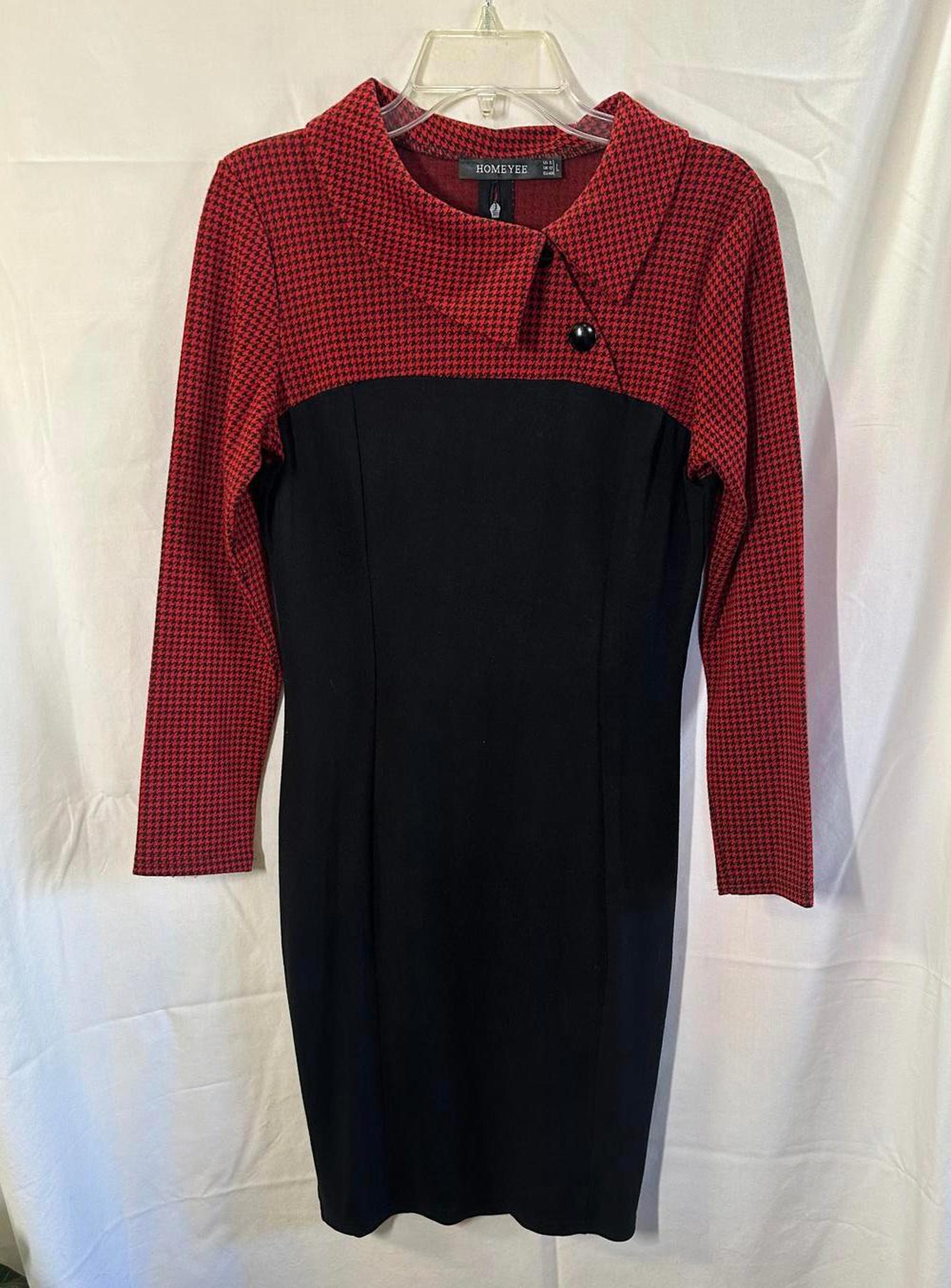 HOMEYEE Stylish Dress in Black and Red Houndstooth - L
