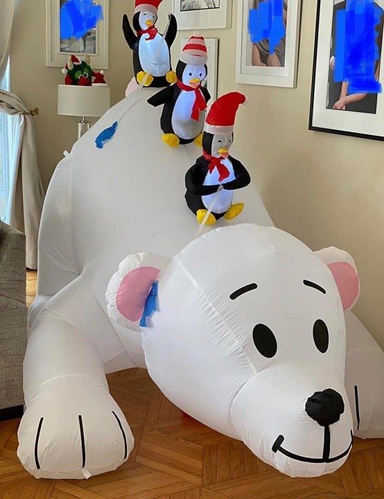 7.8 FT Christmas Inflatable Polar Bear with 3 Penguins, Blow up Lighted