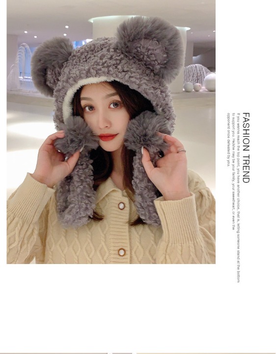 Hat Women's Warm Beanie Hat With Earflaps Streetwear Plush Faux grey